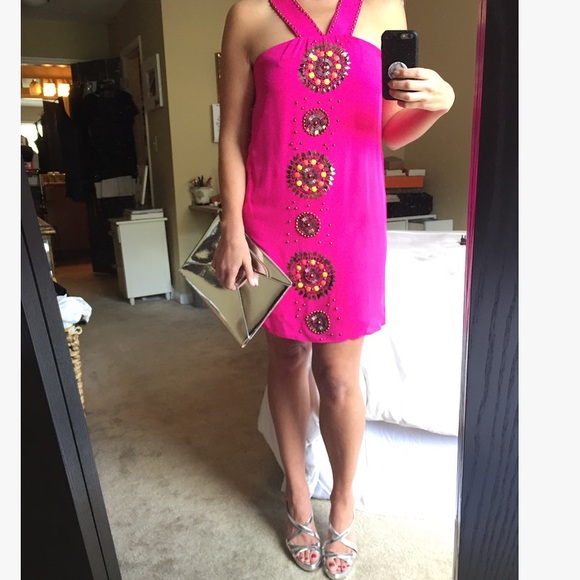 Tibi Pink Sequin Beaded Medallion Silk Dress - Picture 2 of 8